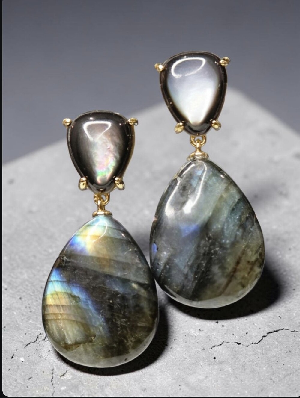 18k Gold Plated Flash Labradorite Stone Crystal Dangle Drop Earrings